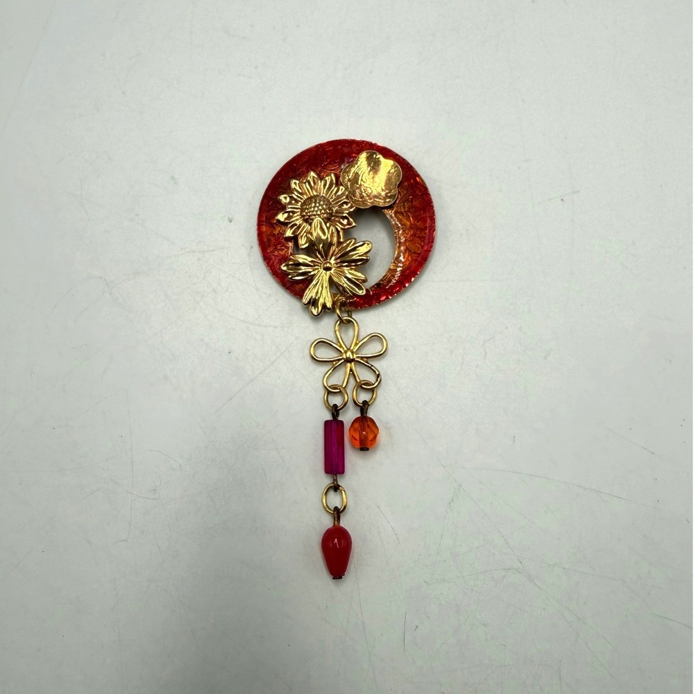 Vintage Gold Tone Red Resin Sunflower Brooch Dangle Bead Flower Pin‎ Accessory